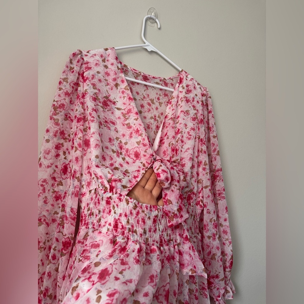 Pink Deep V-Neck Lantern Sleeve Knotted Tired Mini Dress Pink Size L - Picture 4 of 9
